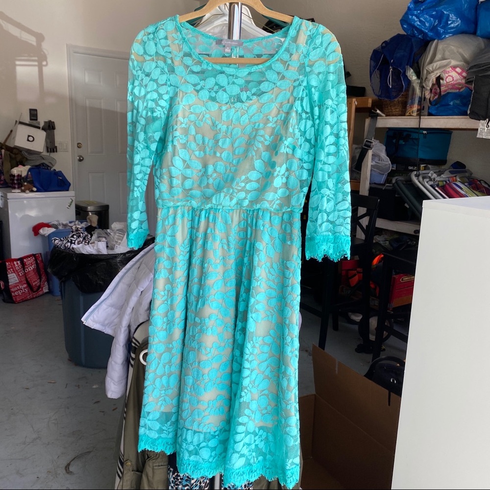 ny collection teal leaf lace dress